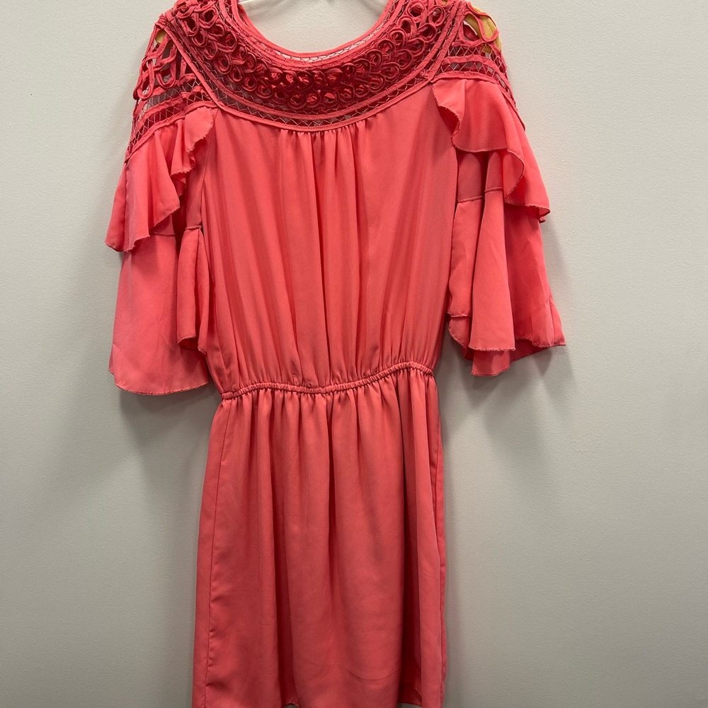 LeShop Pink Crochet Ruffle Sleeve Mini Dress Medium